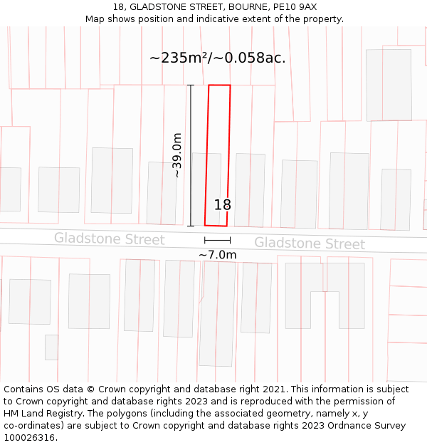 18, GLADSTONE STREET, BOURNE, PE10 9AX: Plot and title map