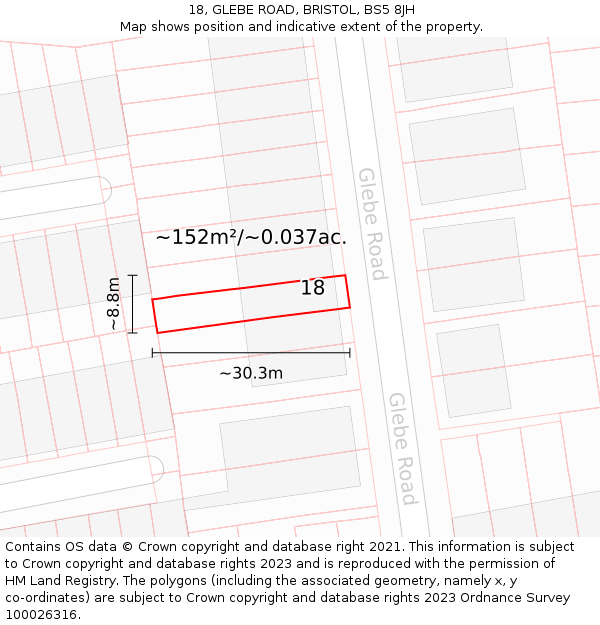 18, GLEBE ROAD, BRISTOL, BS5 8JH: Plot and title map
