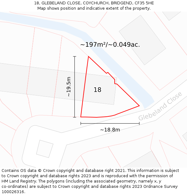 18, GLEBELAND CLOSE, COYCHURCH, BRIDGEND, CF35 5HE: Plot and title map