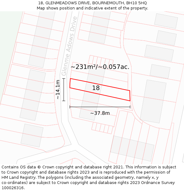 18, GLENMEADOWS DRIVE, BOURNEMOUTH, BH10 5HQ: Plot and title map