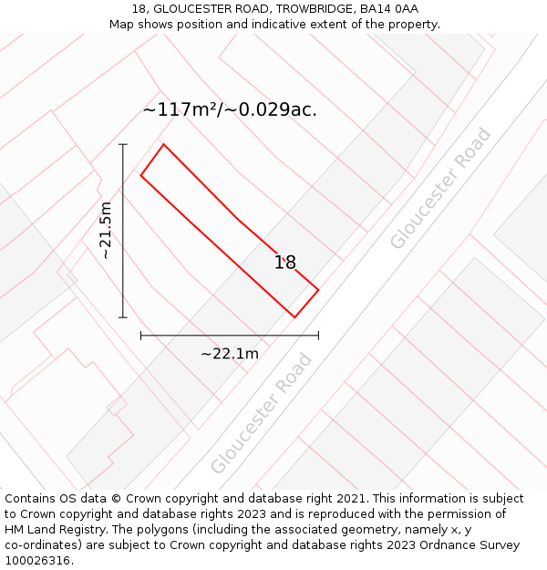 18, GLOUCESTER ROAD, TROWBRIDGE, BA14 0AA: Plot and title map