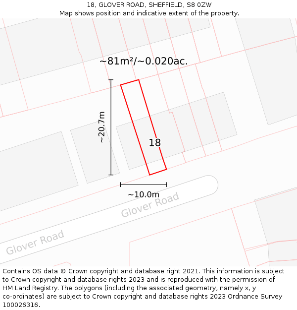 18, GLOVER ROAD, SHEFFIELD, S8 0ZW: Plot and title map