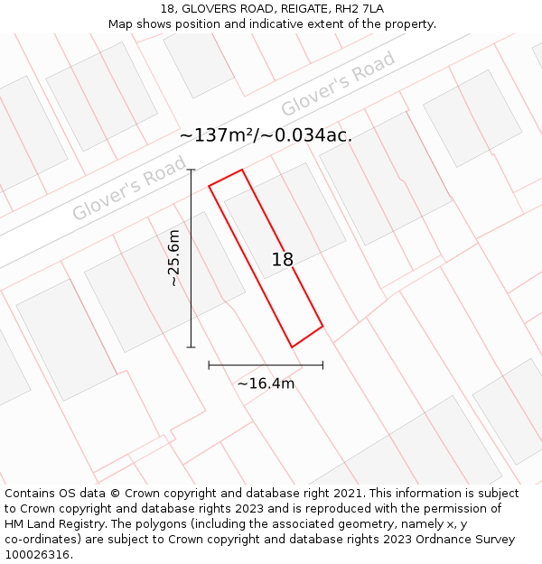 18, GLOVERS ROAD, REIGATE, RH2 7LA: Plot and title map