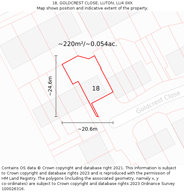 18, GOLDCREST CLOSE, LUTON, LU4 0XX: Plot and title map