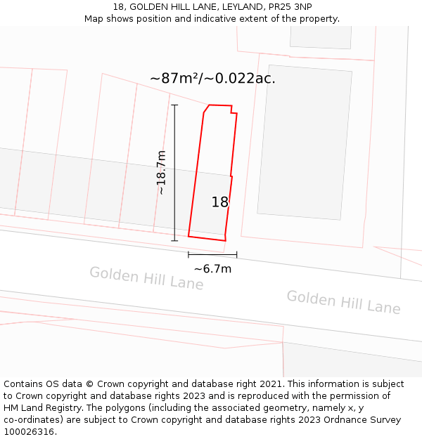 18, GOLDEN HILL LANE, LEYLAND, PR25 3NP: Plot and title map