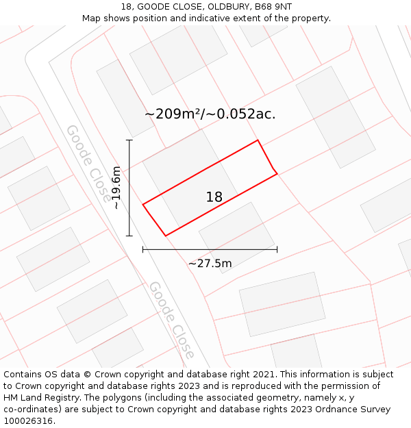 18, GOODE CLOSE, OLDBURY, B68 9NT: Plot and title map