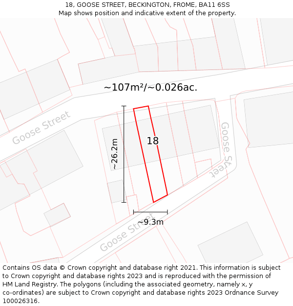 18, GOOSE STREET, BECKINGTON, FROME, BA11 6SS: Plot and title map