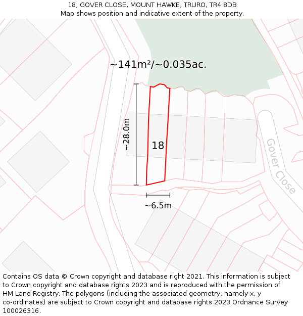 18, GOVER CLOSE, MOUNT HAWKE, TRURO, TR4 8DB: Plot and title map