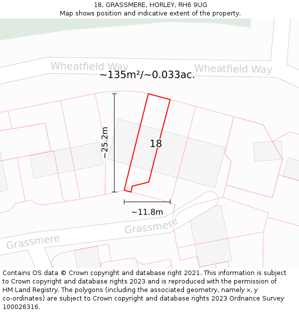 18, GRASSMERE, HORLEY, RH6 9UG: Plot and title map