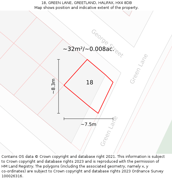 18, GREEN LANE, GREETLAND, HALIFAX, HX4 8DB: Plot and title map