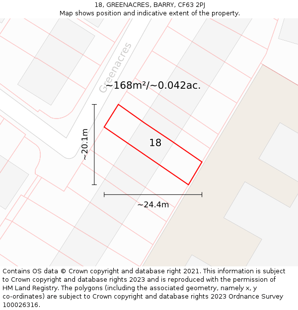 18, GREENACRES, BARRY, CF63 2PJ: Plot and title map