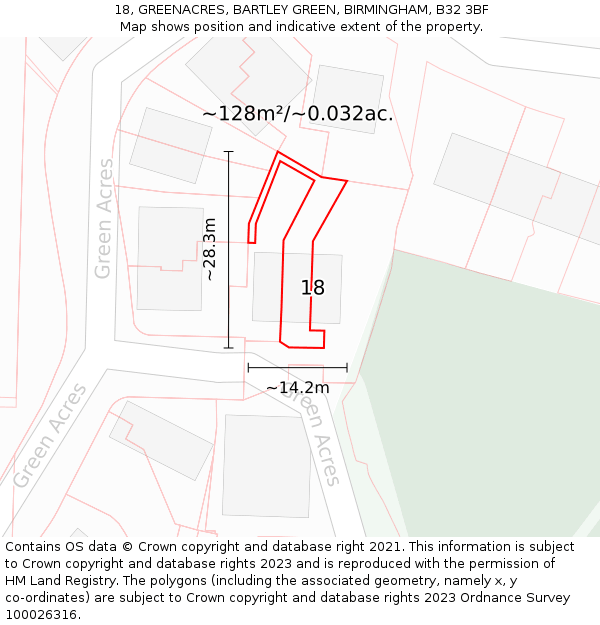 18, GREENACRES, BARTLEY GREEN, BIRMINGHAM, B32 3BF: Plot and title map