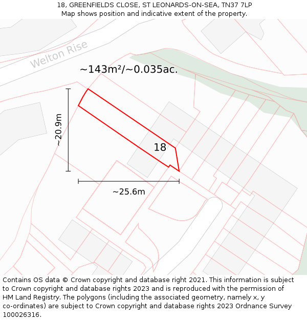 18, GREENFIELDS CLOSE, ST LEONARDS-ON-SEA, TN37 7LP: Plot and title map