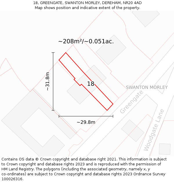 18, GREENGATE, SWANTON MORLEY, DEREHAM, NR20 4AD: Plot and title map