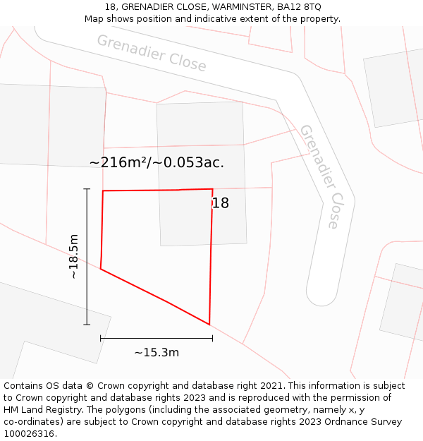 18, GRENADIER CLOSE, WARMINSTER, BA12 8TQ: Plot and title map