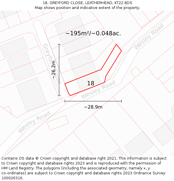 18, GREYFORD CLOSE, LEATHERHEAD, KT22 8DS: Plot and title map