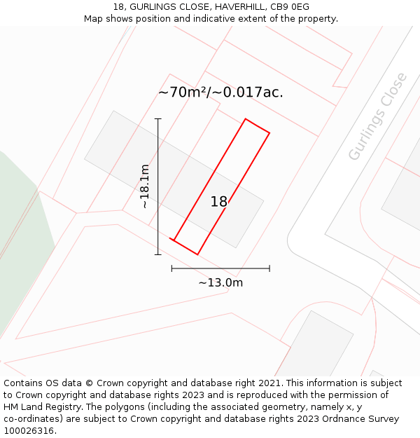 18, GURLINGS CLOSE, HAVERHILL, CB9 0EG: Plot and title map