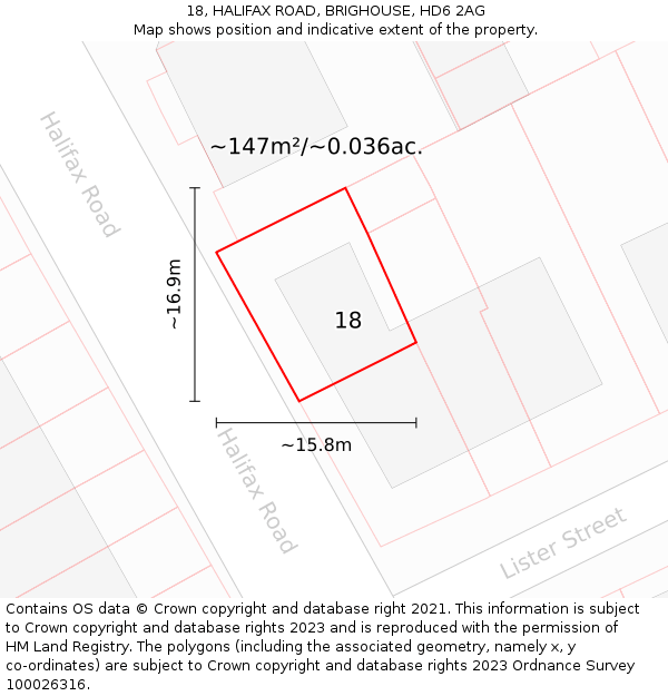 18, HALIFAX ROAD, BRIGHOUSE, HD6 2AG: Plot and title map