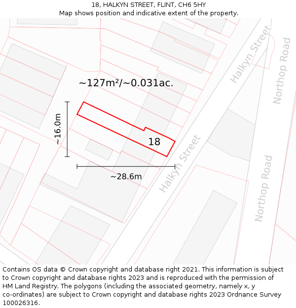 18, HALKYN STREET, FLINT, CH6 5HY: Plot and title map