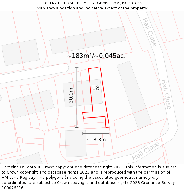 18, HALL CLOSE, ROPSLEY, GRANTHAM, NG33 4BS: Plot and title map