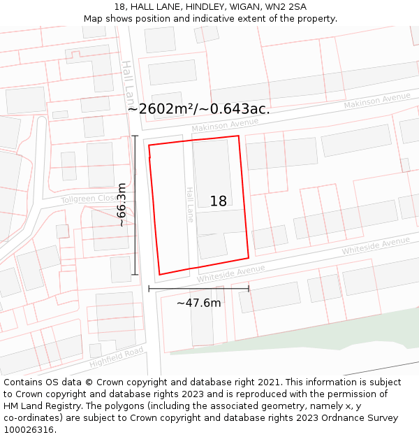 18, HALL LANE, HINDLEY, WIGAN, WN2 2SA: Plot and title map
