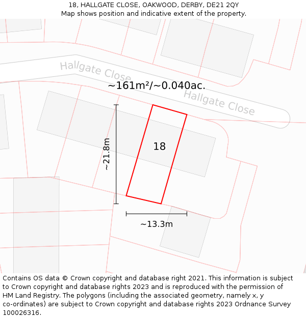 18, HALLGATE CLOSE, OAKWOOD, DERBY, DE21 2QY: Plot and title map