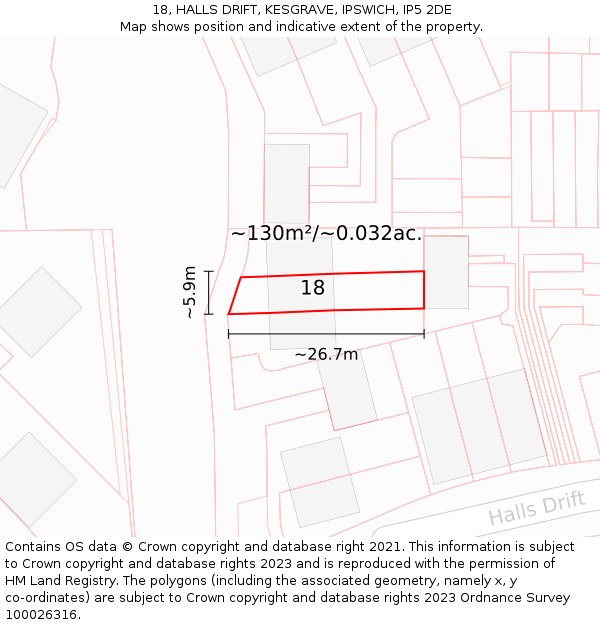 18, HALLS DRIFT, KESGRAVE, IPSWICH, IP5 2DE: Plot and title map