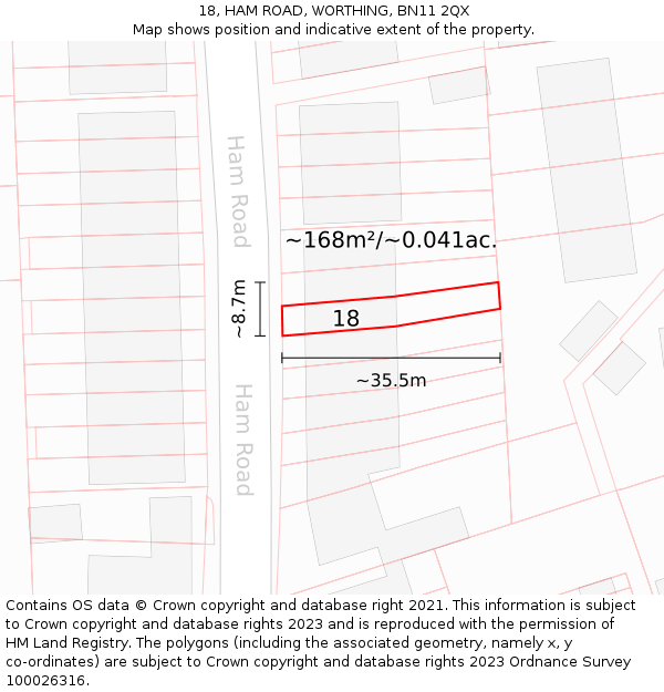 18, HAM ROAD, WORTHING, BN11 2QX: Plot and title map