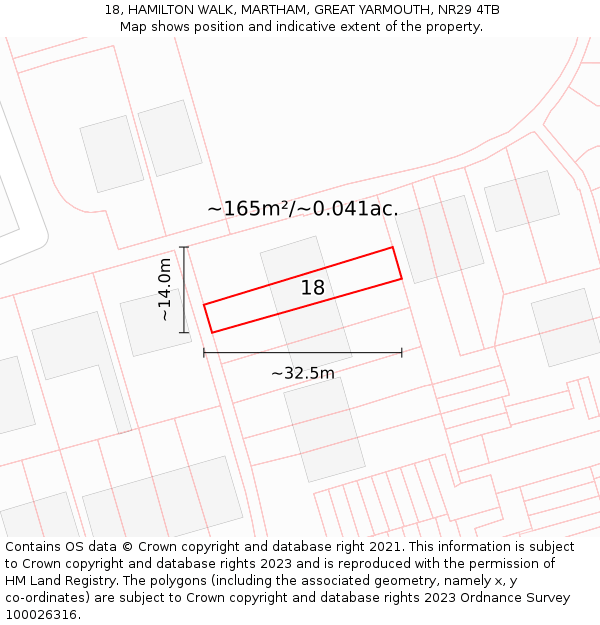 18, HAMILTON WALK, MARTHAM, GREAT YARMOUTH, NR29 4TB: Plot and title map