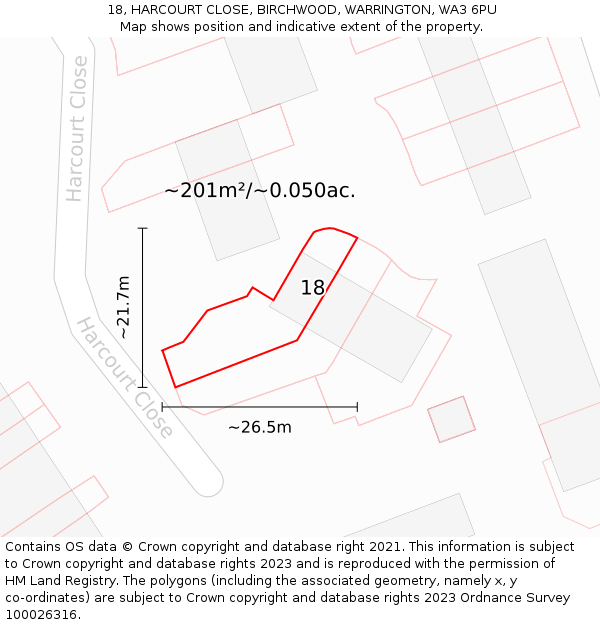 18, HARCOURT CLOSE, BIRCHWOOD, WARRINGTON, WA3 6PU: Plot and title map