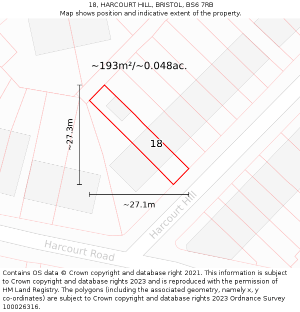 18, HARCOURT HILL, BRISTOL, BS6 7RB: Plot and title map