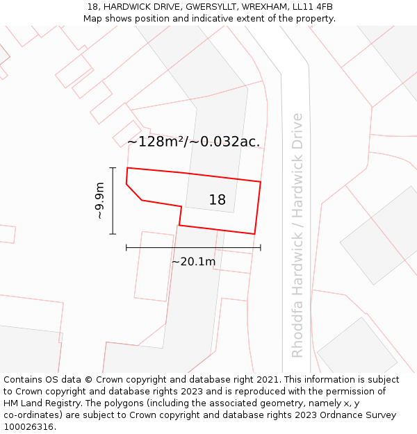 18, HARDWICK DRIVE, GWERSYLLT, WREXHAM, LL11 4FB: Plot and title map