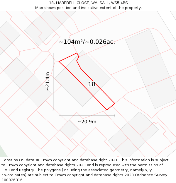 18, HAREBELL CLOSE, WALSALL, WS5 4RS: Plot and title map