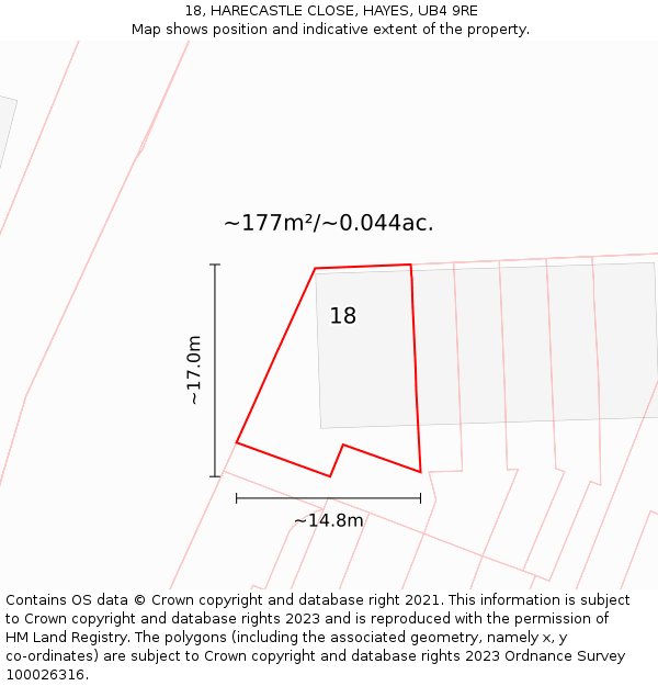 18, HARECASTLE CLOSE, HAYES, UB4 9RE: Plot and title map