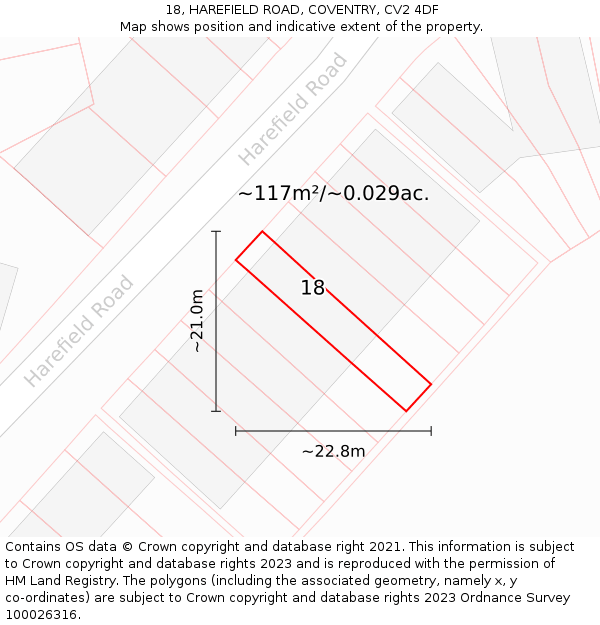 18, HAREFIELD ROAD, COVENTRY, CV2 4DF: Plot and title map