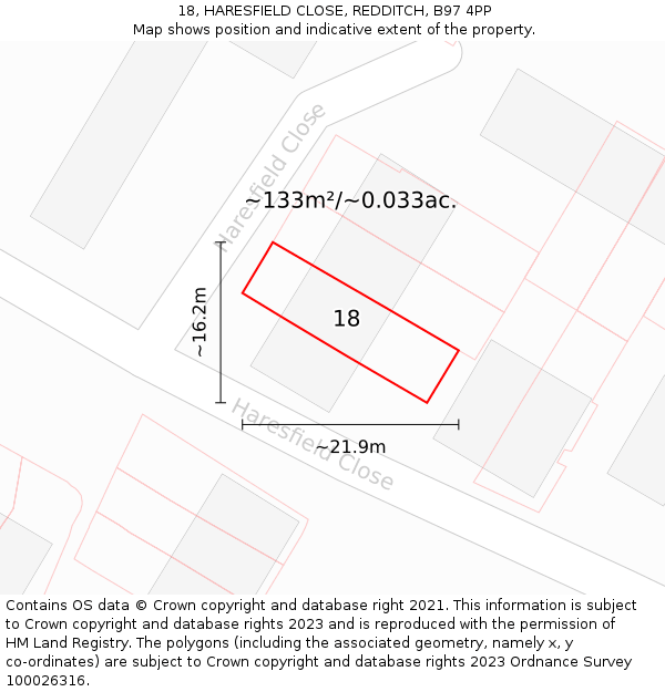 18, HARESFIELD CLOSE, REDDITCH, B97 4PP: Plot and title map