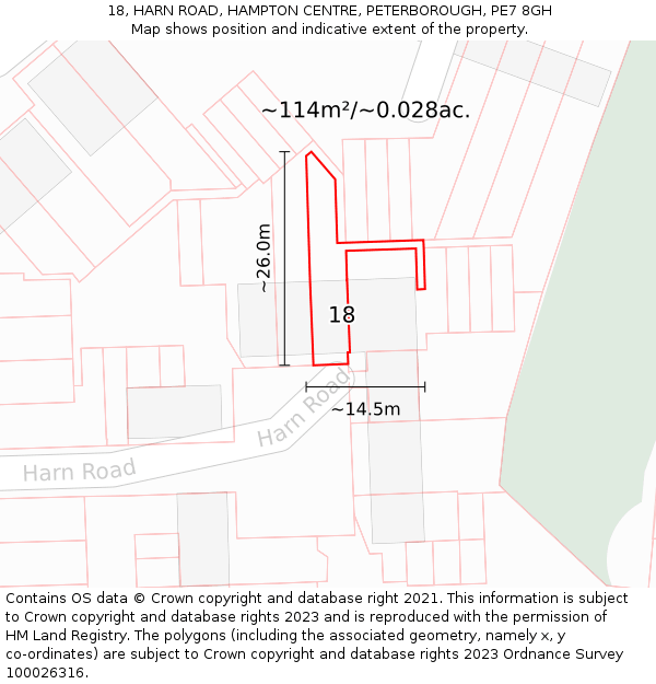 18, HARN ROAD, HAMPTON CENTRE, PETERBOROUGH, PE7 8GH: Plot and title map