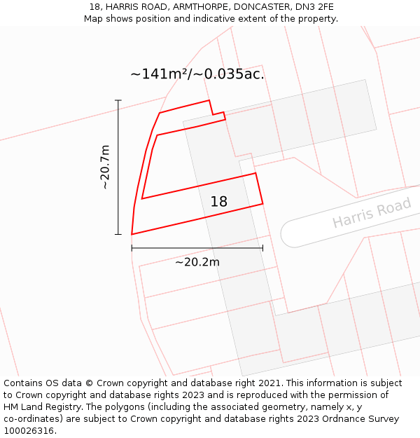 18, HARRIS ROAD, ARMTHORPE, DONCASTER, DN3 2FE: Plot and title map