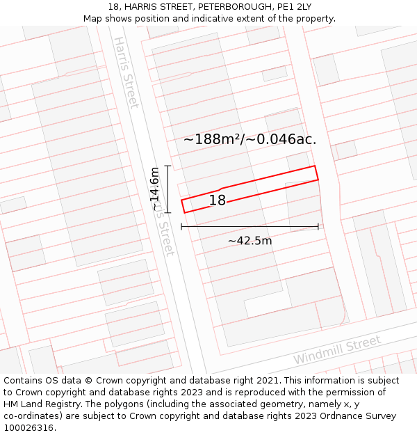 18, HARRIS STREET, PETERBOROUGH, PE1 2LY: Plot and title map