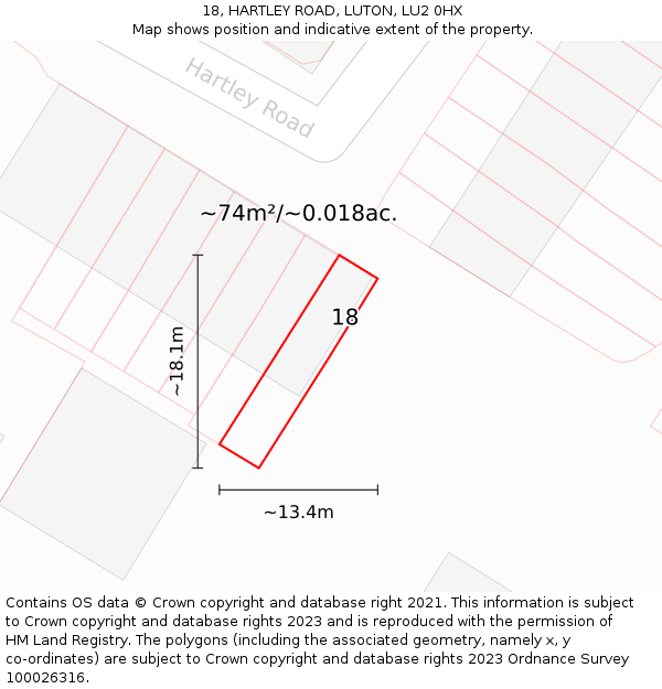 18, HARTLEY ROAD, LUTON, LU2 0HX: Plot and title map