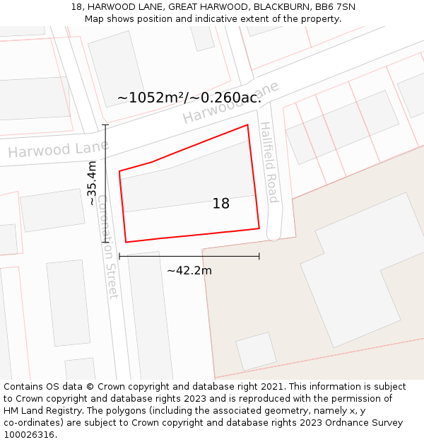 18, HARWOOD LANE, GREAT HARWOOD, BLACKBURN, BB6 7SN: Plot and title map