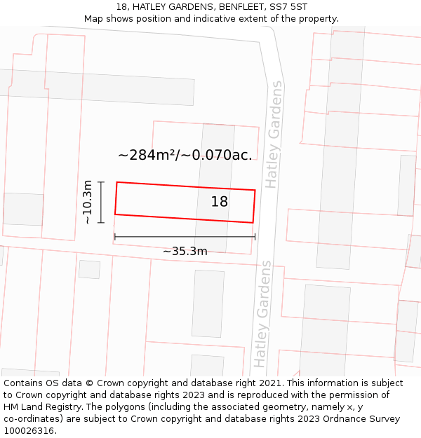 18, HATLEY GARDENS, BENFLEET, SS7 5ST: Plot and title map