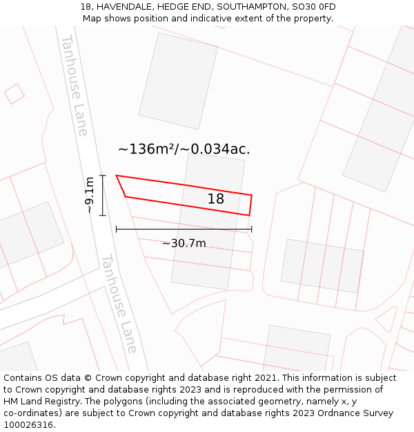 18, HAVENDALE, HEDGE END, SOUTHAMPTON, SO30 0FD: Plot and title map
