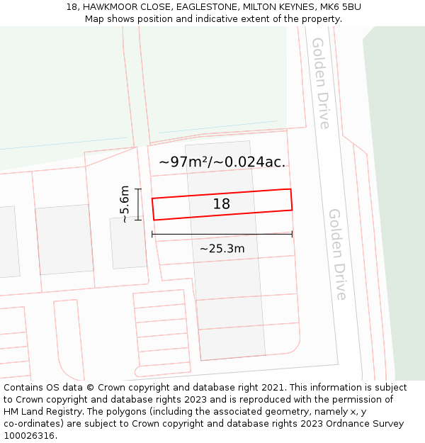 18, HAWKMOOR CLOSE, EAGLESTONE, MILTON KEYNES, MK6 5BU: Plot and title map