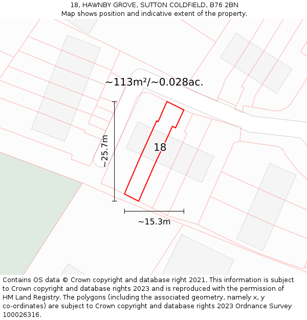 18, HAWNBY GROVE, SUTTON COLDFIELD, B76 2BN: Plot and title map