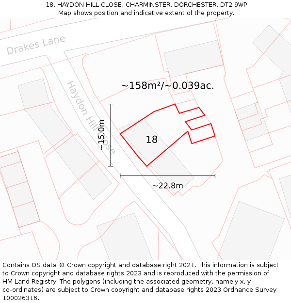 18, HAYDON HILL CLOSE, CHARMINSTER, DORCHESTER, DT2 9WP: Plot and title map
