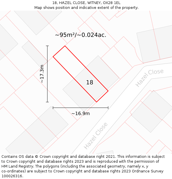 18, HAZEL CLOSE, WITNEY, OX28 1EL: Plot and title map