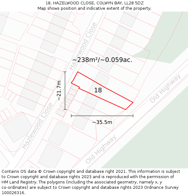 18, HAZELWOOD CLOSE, COLWYN BAY, LL28 5DZ: Plot and title map