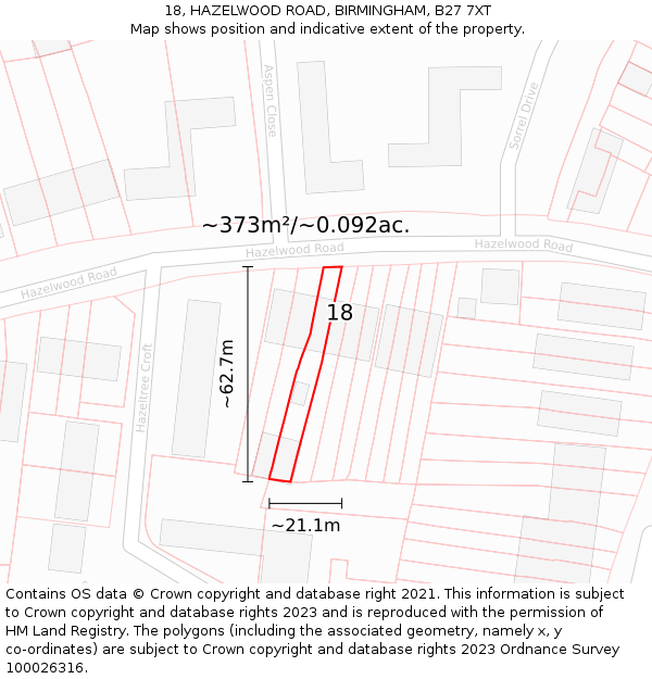 18, HAZELWOOD ROAD, BIRMINGHAM, B27 7XT: Plot and title map
