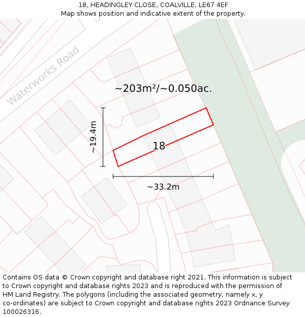 18, HEADINGLEY CLOSE, COALVILLE, LE67 4EF: Plot and title map